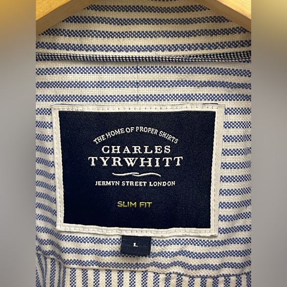 Charles Tyrwhitt L Button Up Shirt Long Sleeve Blue & White Striped Slim Fit - Picture 3 of 6